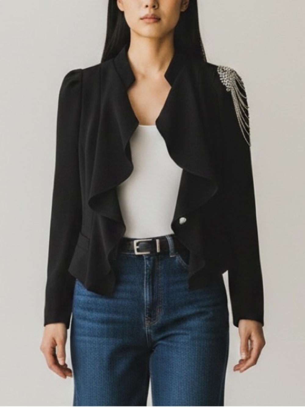 BBula Black Cropped Fitted Blazer Ruffle Lapel Beaded Embellished Size XS